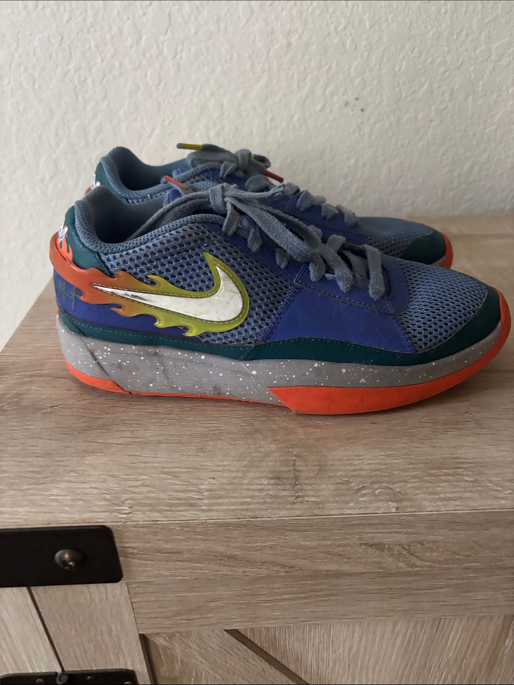 JA MORANT Nike Kids  6y Blue Mesh Sneakers with Orange Flame Accents